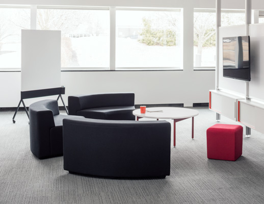 Knoll white Antenna low table with red legs, grey k. lounge and Interpole for Activity Spaces and other meeting spaces